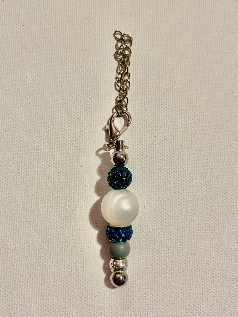 Turquoise Rhinestone-Accented Cup Charm w/Pearl, Gray & Decorative lSilver Beads